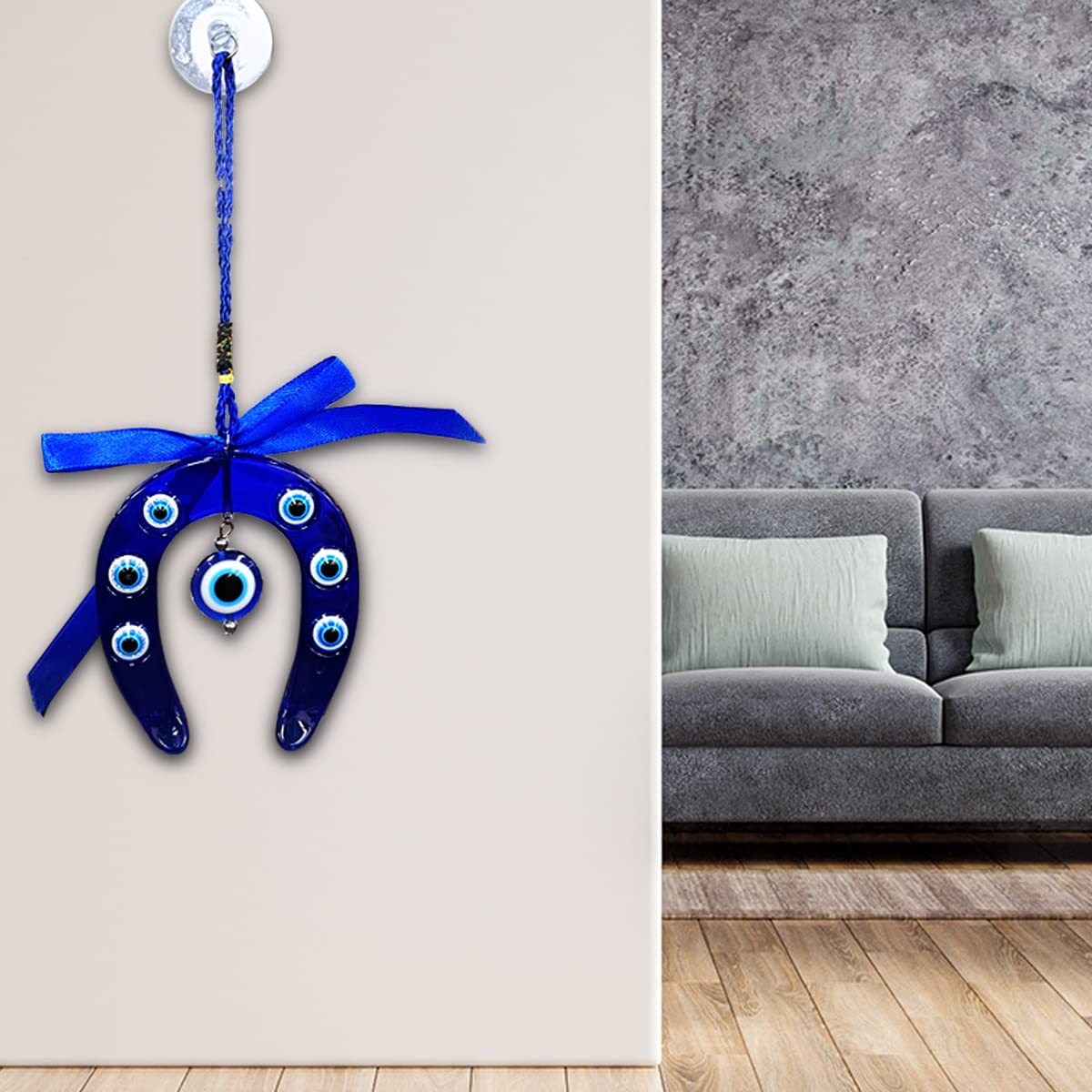 Shubhanjali Blue Evil Eye Vastu Nazar Suraksha Evileye Double Horseshoe Ghode Ki Naal Thread Wall Hanging for Car & Door/Office Hanging for Good Luck and Prosperity Decorative Christmas Gift