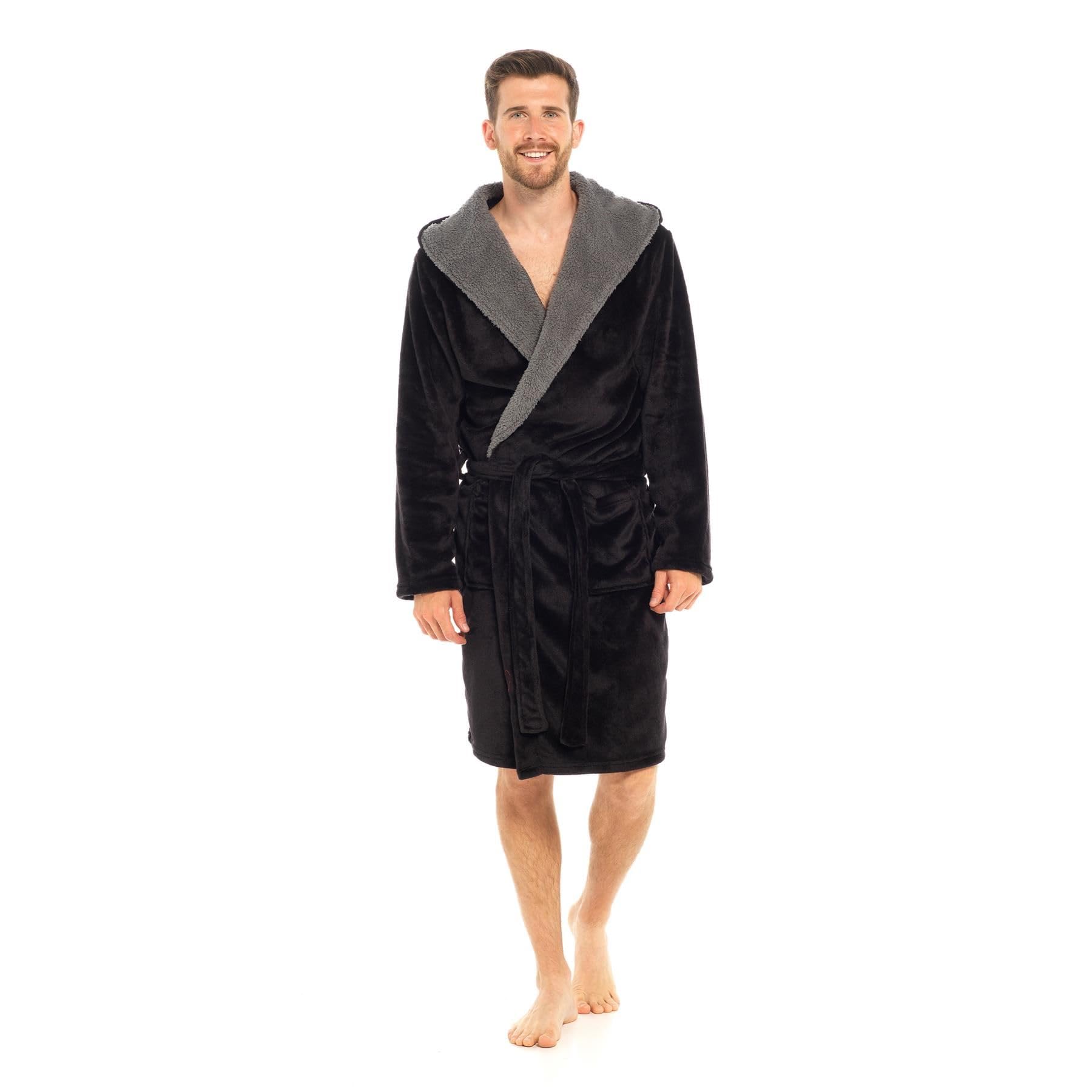 A2z Men's Black Flannel Fleece Hooded Dressing Gown Super Soft - Robe Az701 4XL
