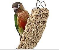 Vista 8 de Alfombrilla de hierba para pájaros, hamaca de red tejida de hierba natural colgante en jaula de loro con 4 ganchos, escalera de cuerda de escalada