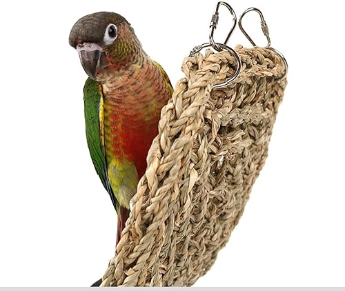 Miniatura 8 de Alfombrilla de césped para pájaros, hamaca de red tejida de césped natural para colgar en la jaula de loro con 4 ganchos, cuerda de escalada de