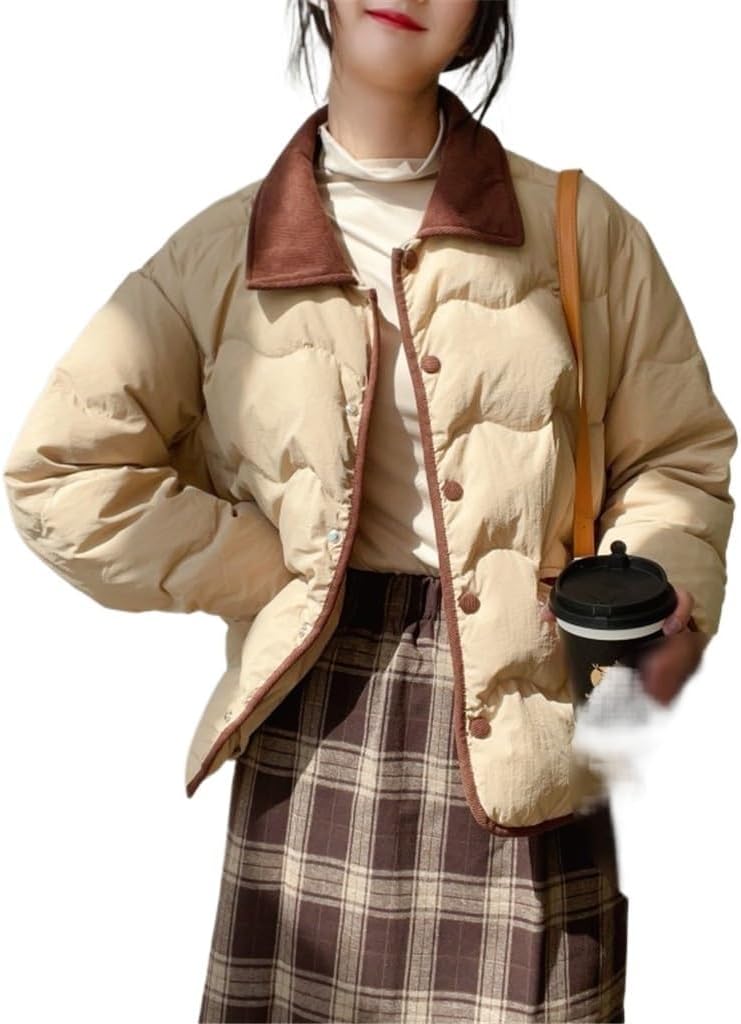 Women's Winter Corduroy Square Neck Short Down Jacket Women's Casual Thickened White Duck Khaki Down Jacket