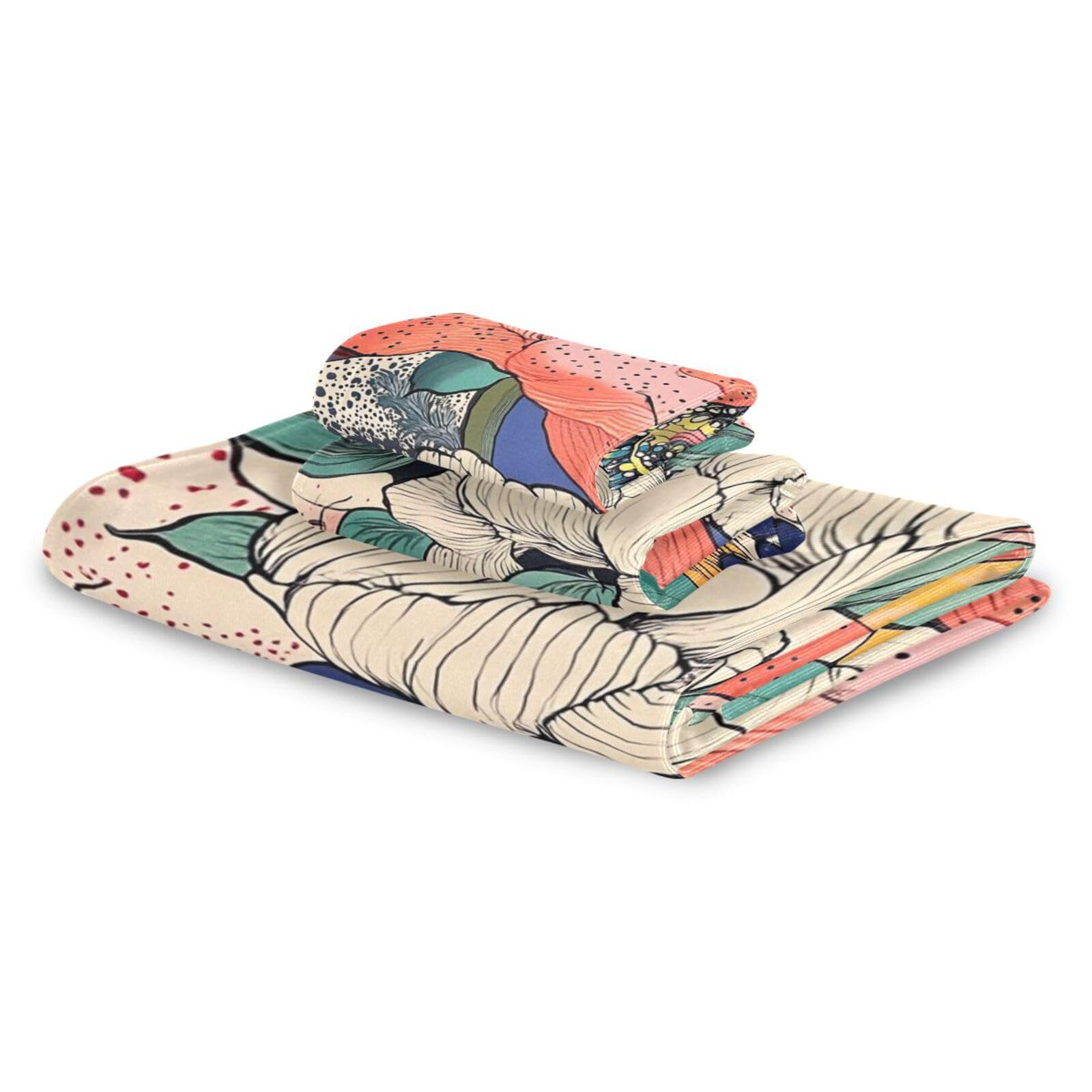 Set di 3 asciugamani colorati con fiori di peonia, 1 asciugamano da bagno, 1 asciugamano per le mani, 1 panno per cucina, bagno, yoga, palestra