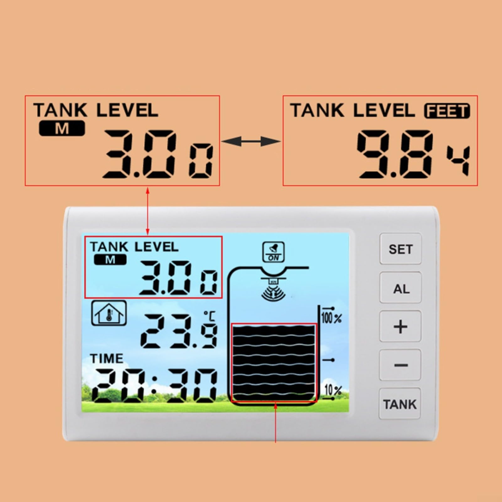 Kabelloser Wasserstandsanzeiger 1-5 m Reichweite, 4,3 Zoll Display Tank Monitor mit Alarm bei niedrigem Niveau, IP65 wetterfester Sensor für und Heimgebrauch, Weiß