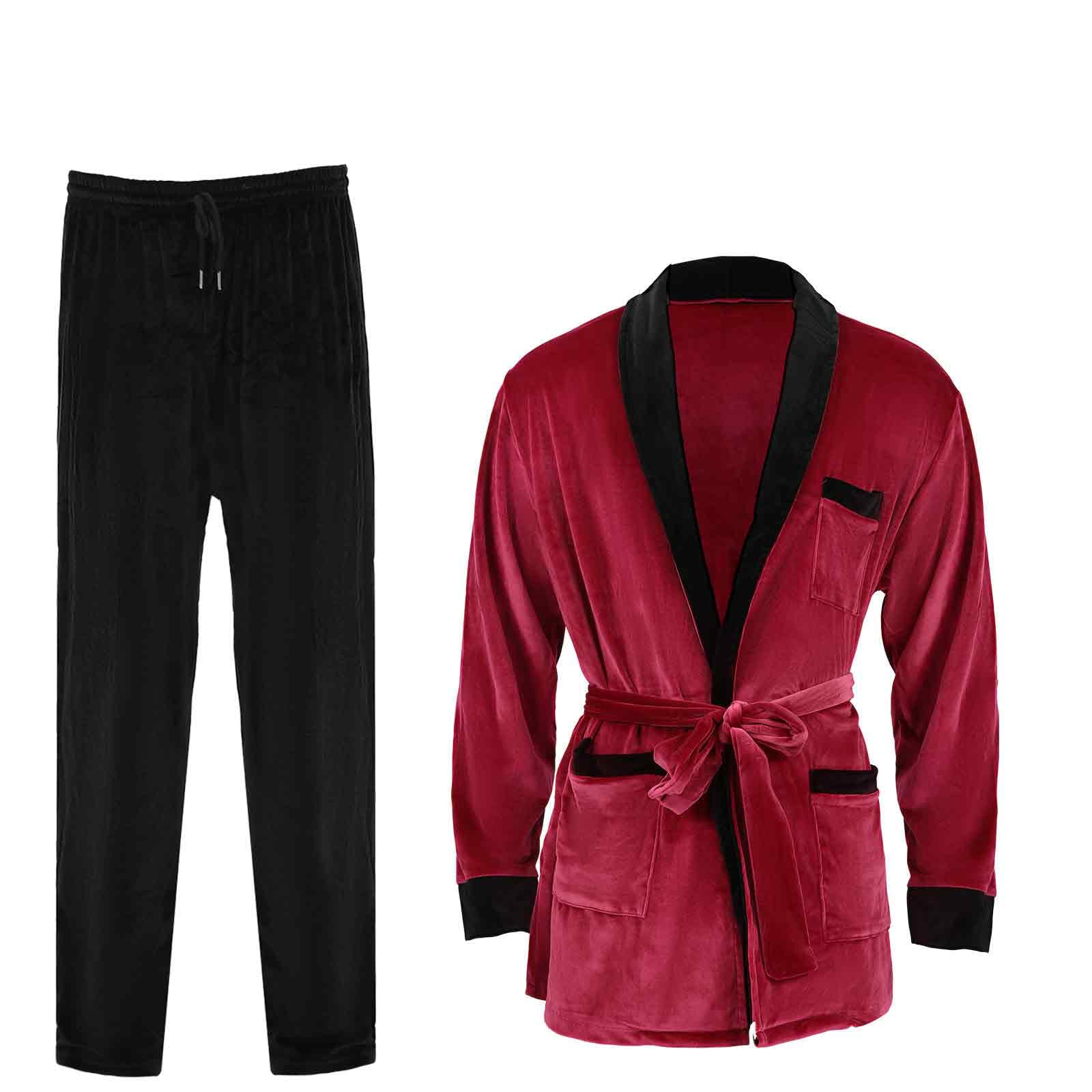 nezafly Red Robe Jacket Mens Red Silky Velvet Bathrobe with Captain Hat Glasses Accessories Adult Halloween Cosplay Costume - Image 2
