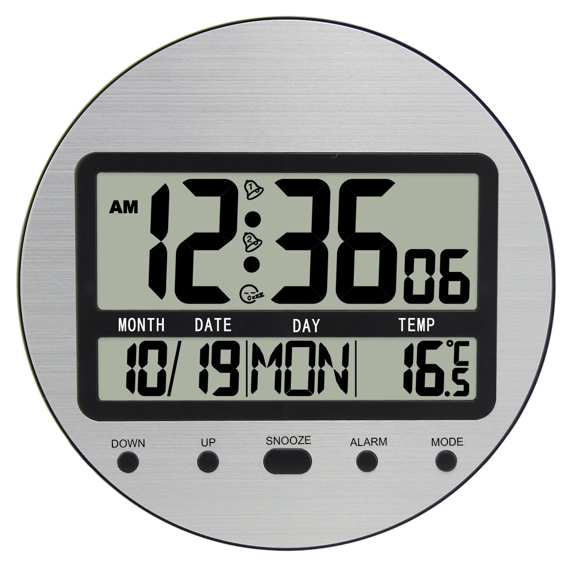 Digital Wall Clock Battery Operated, Large Display with Temperature, Date, Day of The Week, Seconds, Round Wall Mount Digital Clock - Aluminum Metal Dial