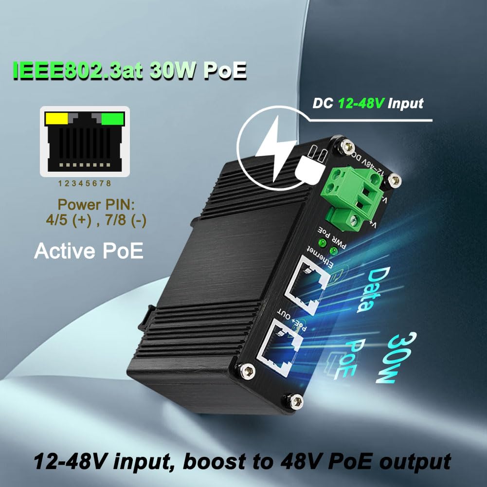Injecteur PoE industriel 30 W, injecteur Gigabit PoE+ renforcé IEEE802.3at 30 W 48 V Adaptateur PoE Alimentation par Ethernet avec entrée 12-48 V DC Montage sur rail DIN