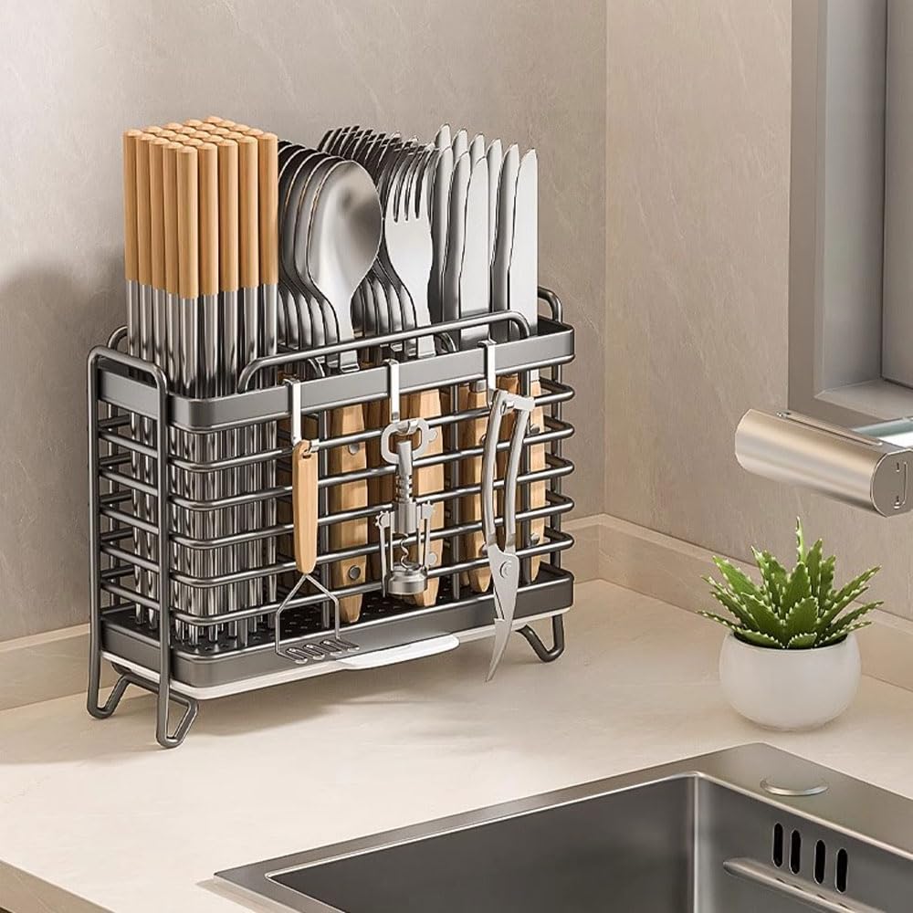 Jadin Porta Mestoli da Cucina, Poggia Mestolo Cucina, Porta Utensili da Cucina, Cestello Posate in Acciaio Inox con Scolapiatti, 3 Scomparti, Senza Fori, Fissaggio a Parete/ Tavolo, Rimovibile, Nero
