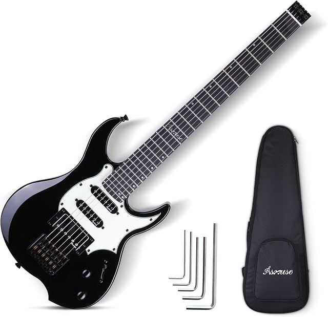 Asmuse Headless Electric Guitar, Full Size Beginner Electric Guitar Kit, HH Pickup Solid Body Electric Guitar, Guitar Starter Set with Gig Bag and Accessories