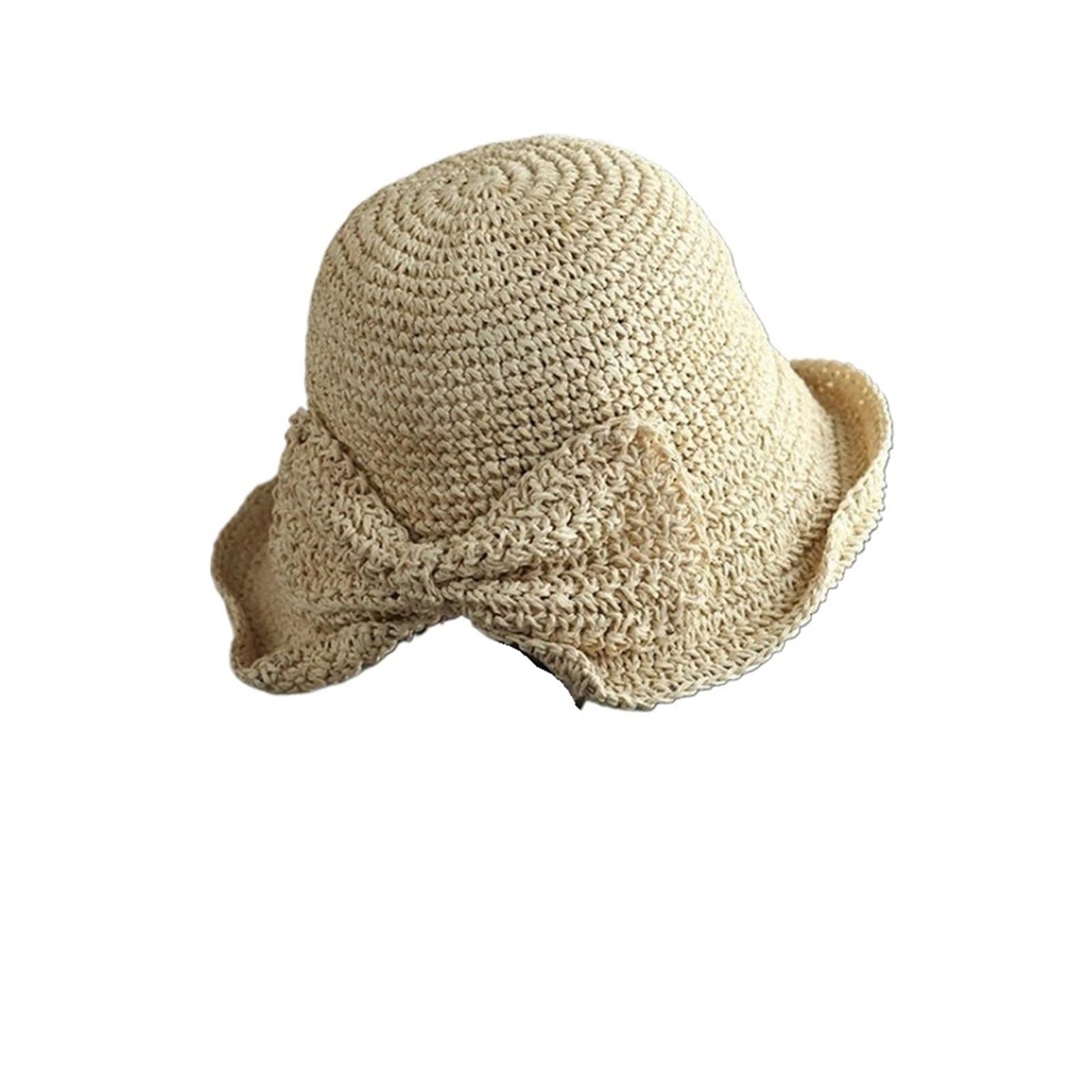Generico Cappello di Paglia Femminile Bowknot all'Uncinetto Bacino Estivo Pieghevole da Spiaggia Cappelli a Tesa Larga Sole