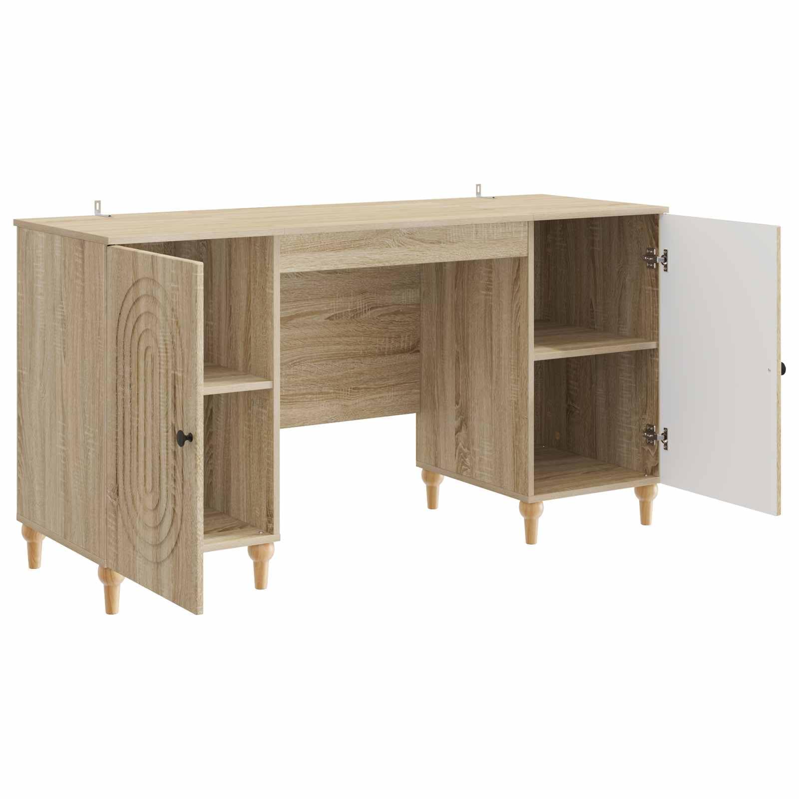 Scrivania con scaffale, in legno Sonoma, 142,5 x 50 x 75 cm, versatile scrivania per computer con vano portaoggetti, ripiano e 2 ante girevoli, per casa, ufficio, gaming e studio