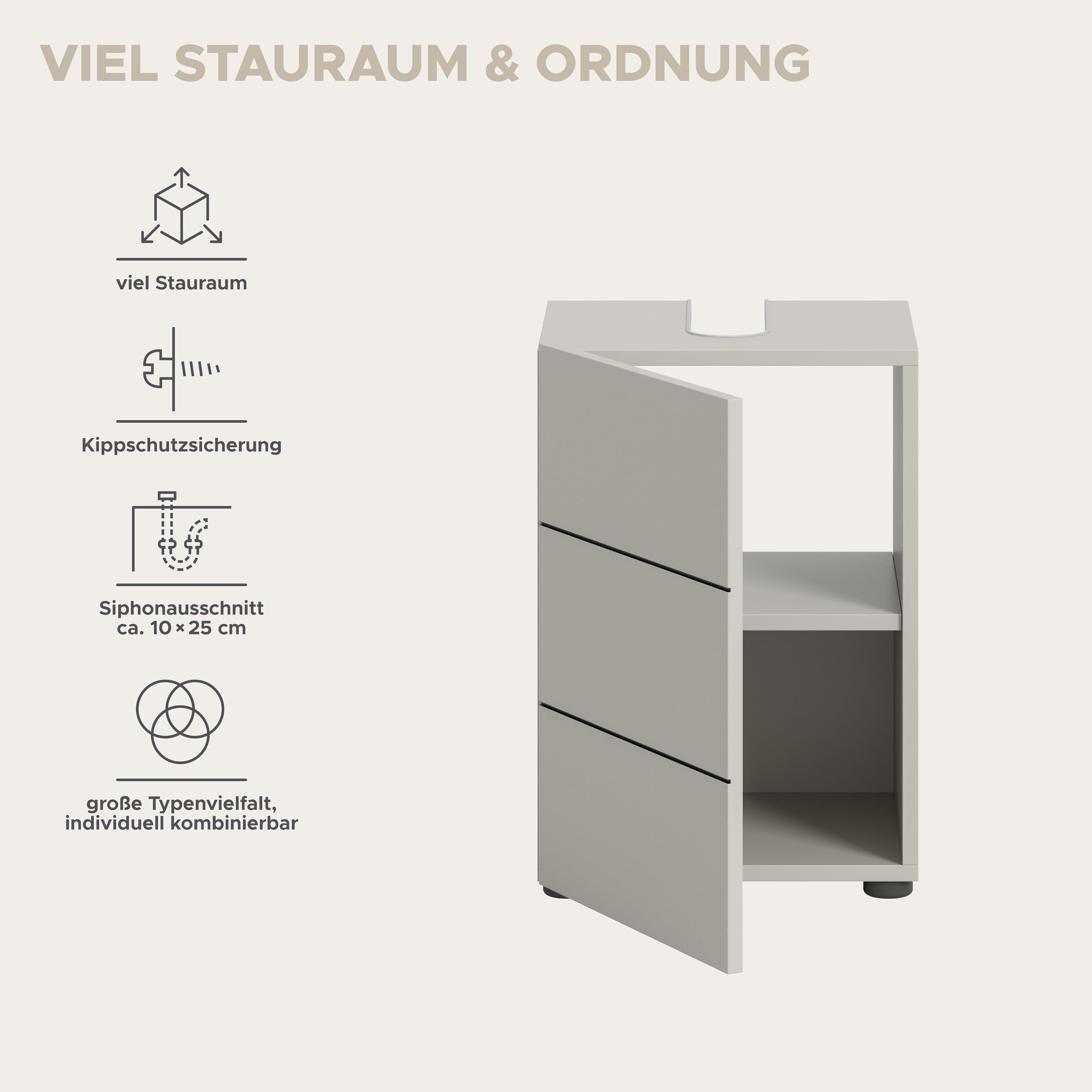 xonox.home – Waschbeckenunterschrank Vira 38x56x34 cm in Kaschmir Nachbildung und Akzenten in Schwarz – Schmaler Bad-Unterschrank für Gäste-WC – Kompakt, modern & pflegeleicht