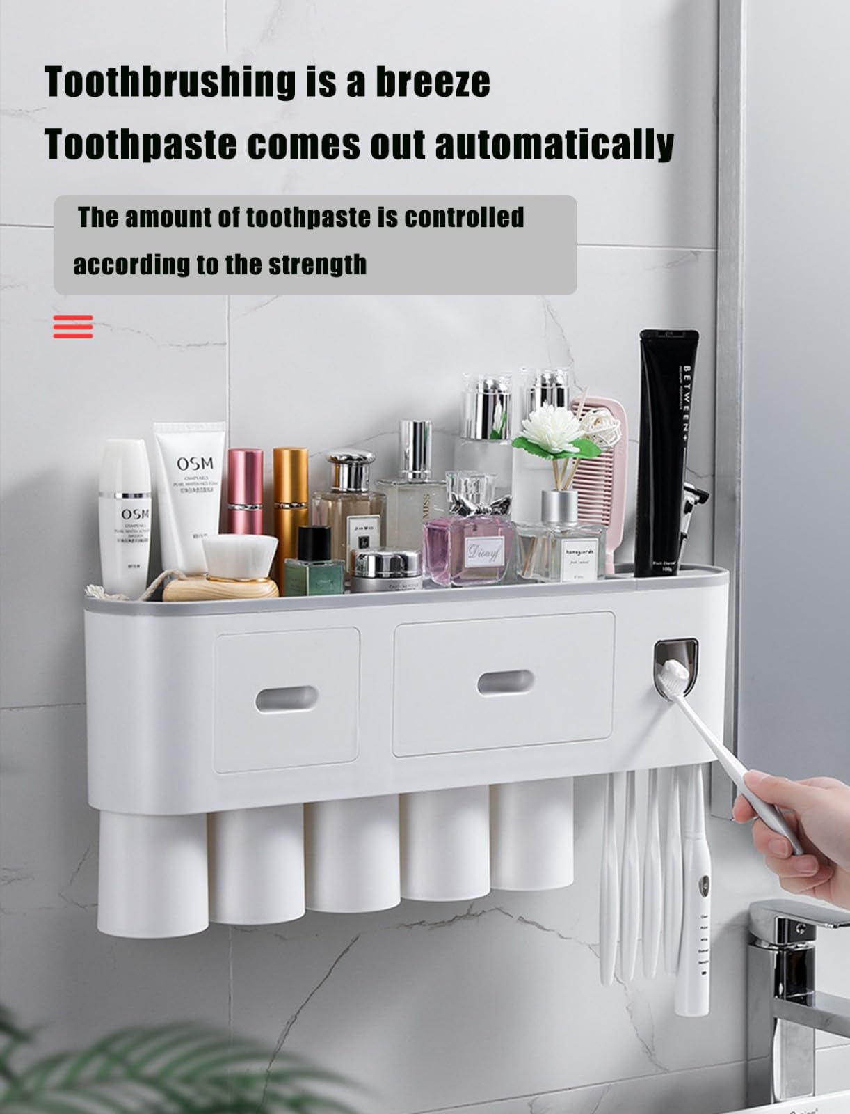 Zahnbürstenhalter Wand Mit Zahnpastaspender, Großer Kapazität Mit Kosmetik-Organizer-Schublade,Pinselschlitzen, Magnetischen Bechern Für Große Familien,Grau,5 Cups