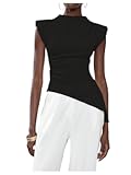 Women&apos;s Shoulder Strap Pad Asymmetrical Hem Top Fitted Sleeveless Mock Neck Shirts
