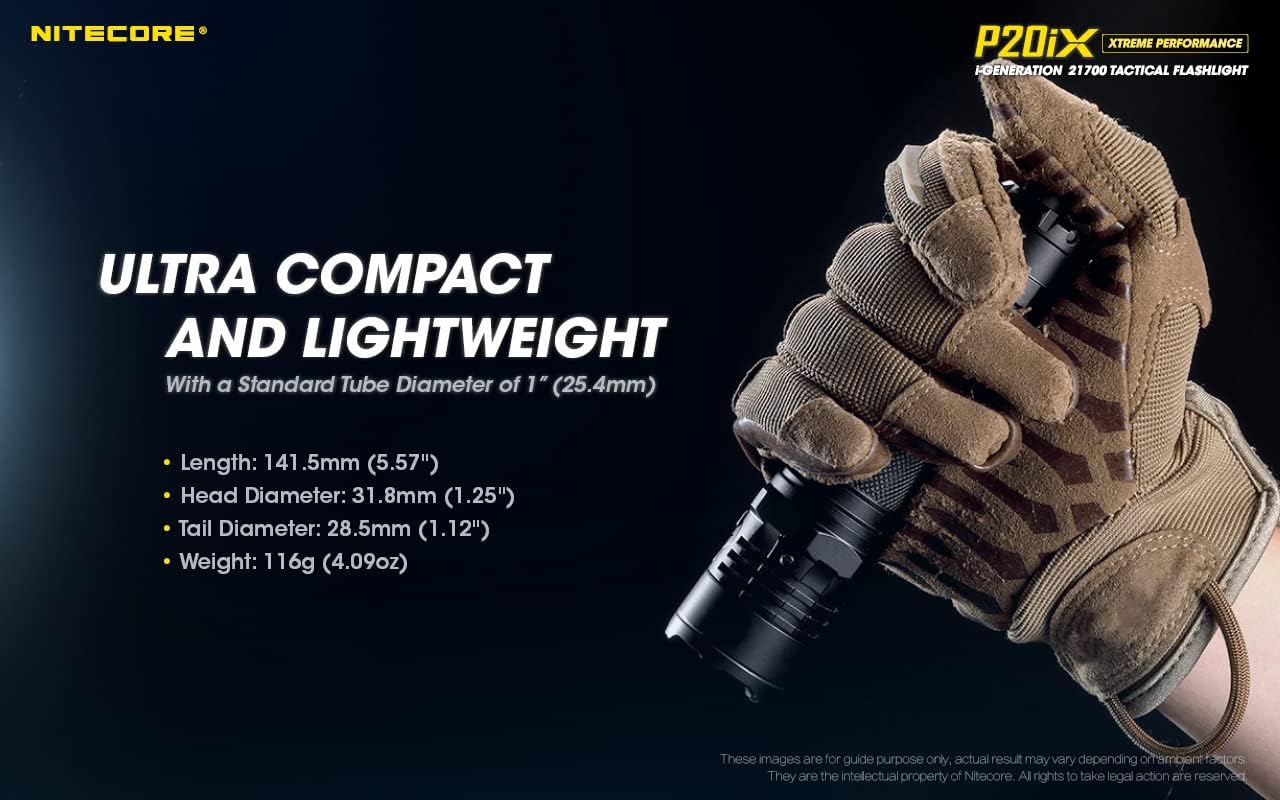 Nitecore P20iX flashlight held in a gloved hand, demonstrating its compact size.