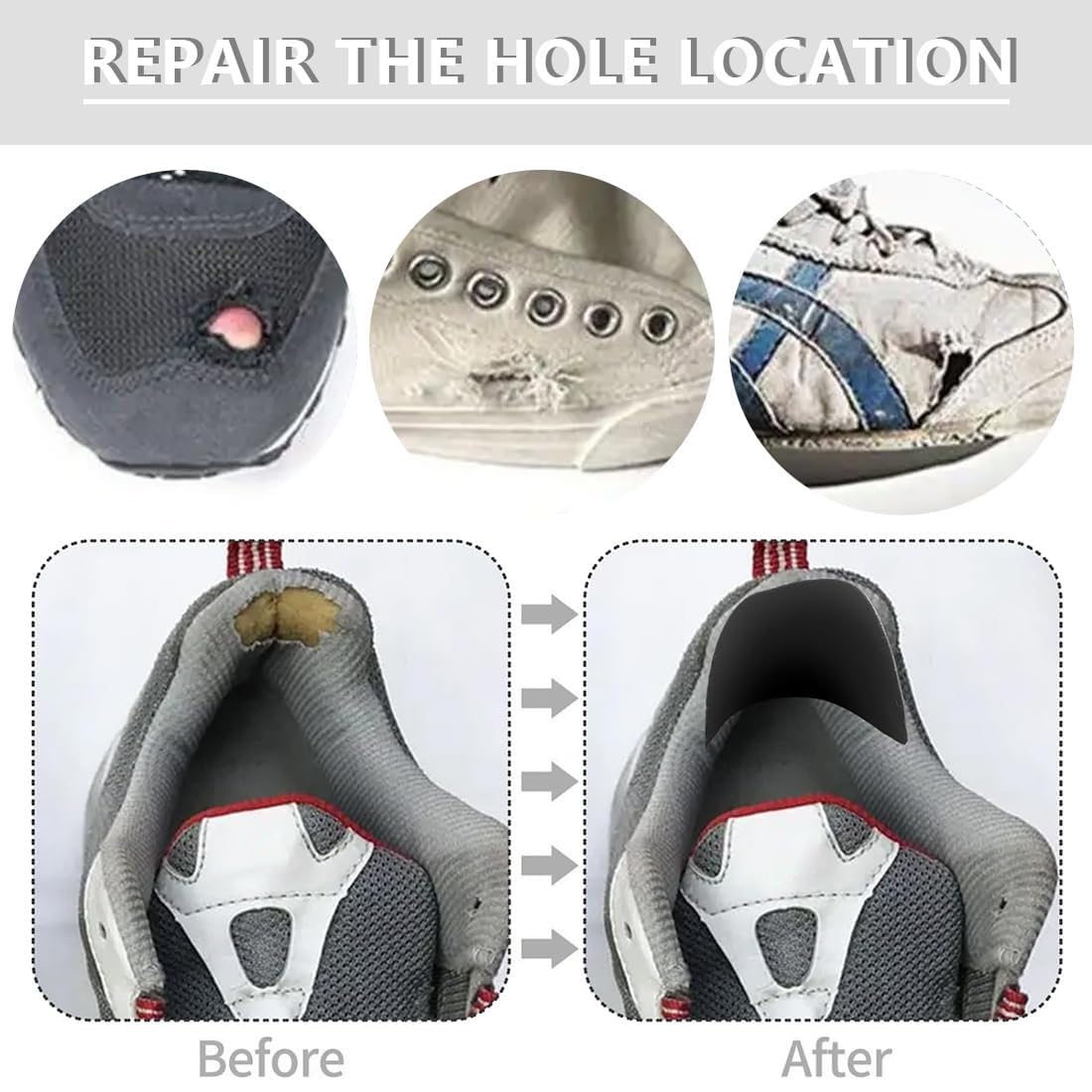 8 parches de reparación de zapatillas, parches adhesivos en el talón, reparación de agujeros de zapatillas, parche de reparación de talones, parche de prevención de agujeros, adecuado para la