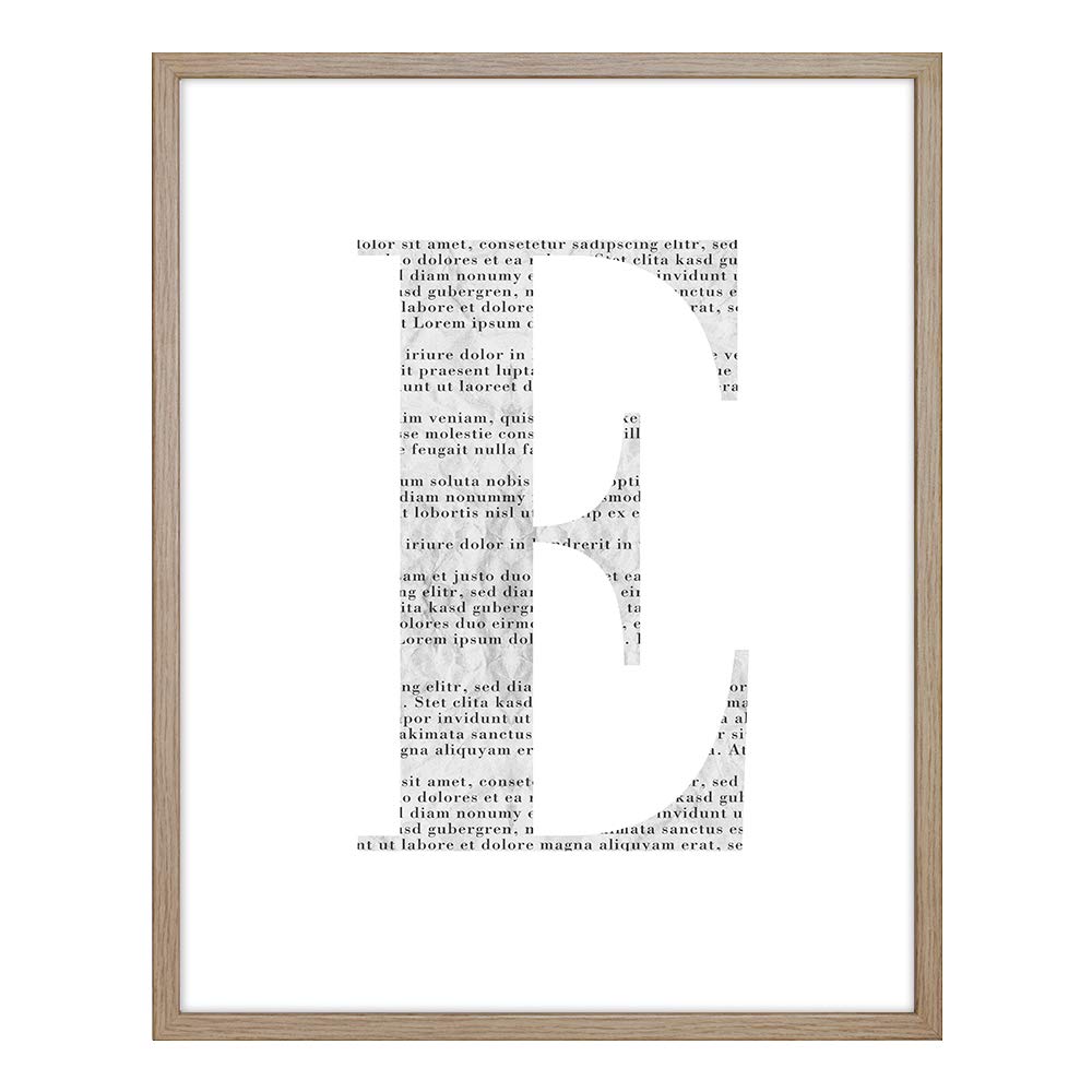 Stampa Artistica con Immagine di Giornale Bianco e Nero, Cornice Neo in rovere naturale (decoro) con poster da parete, Lettera E, 40 x 50 cm