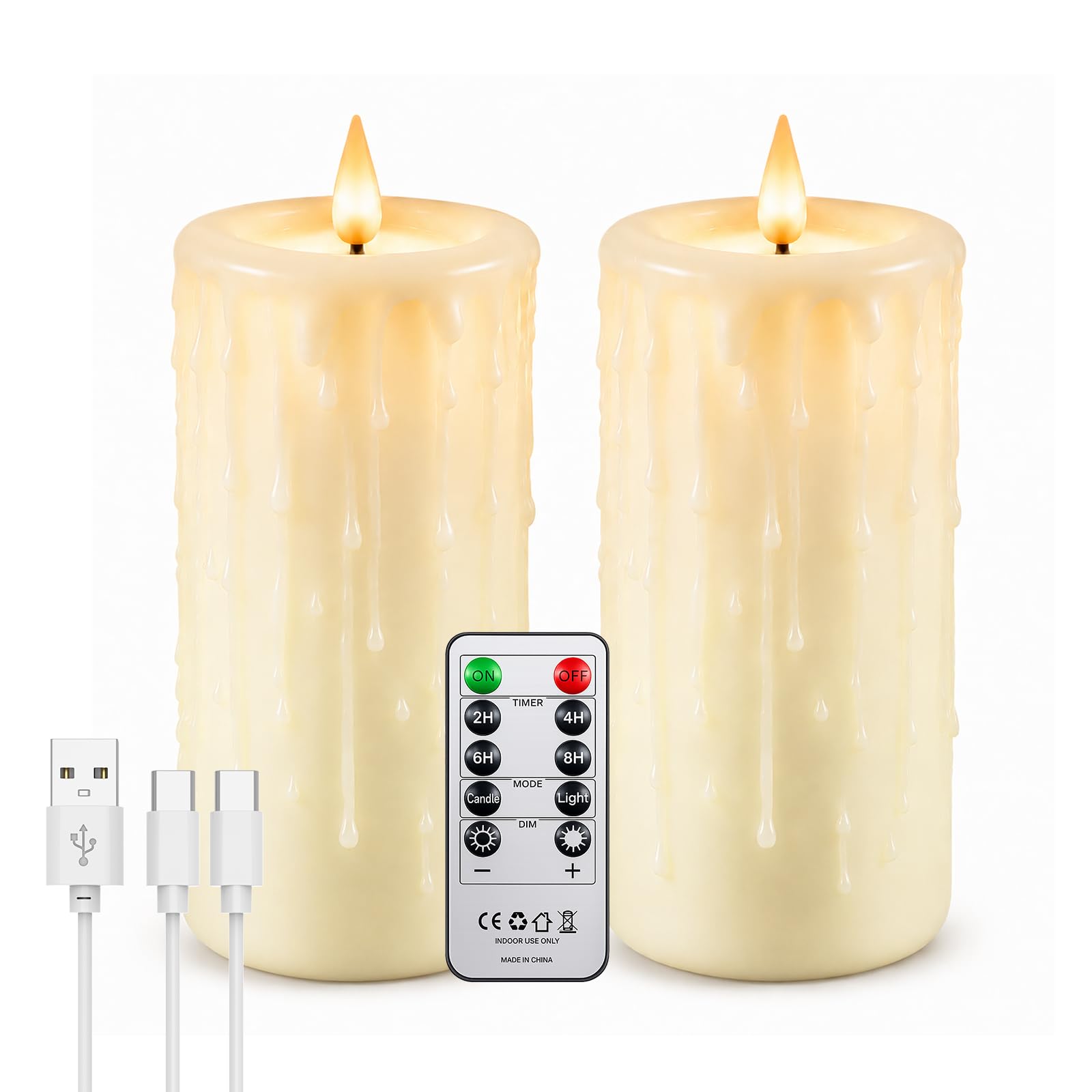 Soiarllt Rechargeable Fake LED Pillar Candles Flickering with Type-C 2 Pack
