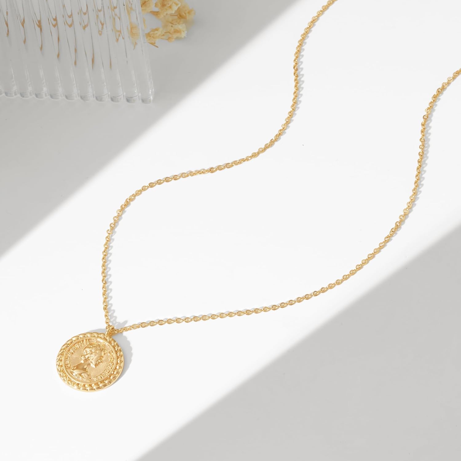 VACRONA Coin Necklace 18k Gold Plated Vintage Textured Medallion Coin Pendant Round Circle Disk Dainty Necklace for Women - Image 8