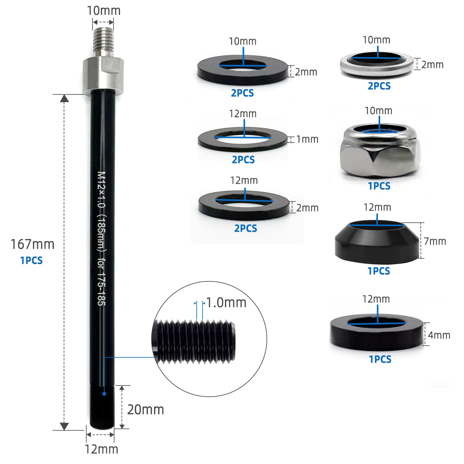 Jexobox Universal Thru Axle Trailer Hitch Adapter for Thule Bikes - Adjustable M12x1.0/1.5/1.75 Axle (157-192mm), 304 Stainless Steel & 6061-T6 Aluminum Shaft (M12x1.0?185mm? 175-185)