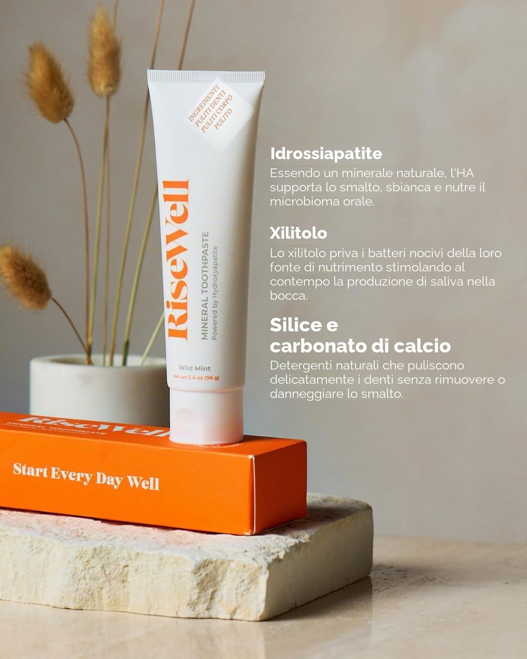 RiseWell Dentifricio minerale - Dentifricio naturale con idrossiapatite - Prodotto negli Stati Uniti, senza fluoro aggiunto, senza SLS - per denti più forti e sani, menta selvatica, 96,4 g