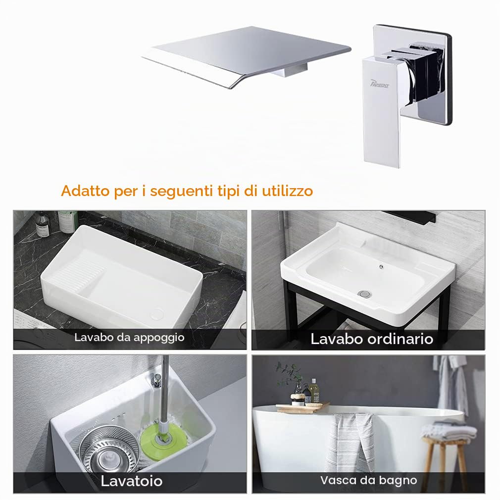 PHASAT Rubinetto Muro Bagno Lavabo Ugello Extra Largo Miscelatore Cascata Parete Acqua Fredda e Calda Rubinetti Monocomando per Lavello Ottone PTBC02E