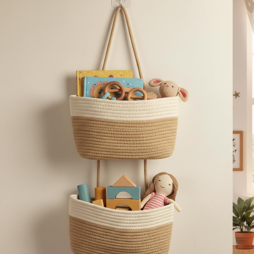 Hanging Wall Basket, Over the Door Hanging Basket with Hooks, 3-Tier Cotton Hanging Basket for Organizing, Decorative Boho Chic Decor for Wall, Bedroom, Living Room, Nursery, Whte & Jute - Image 5