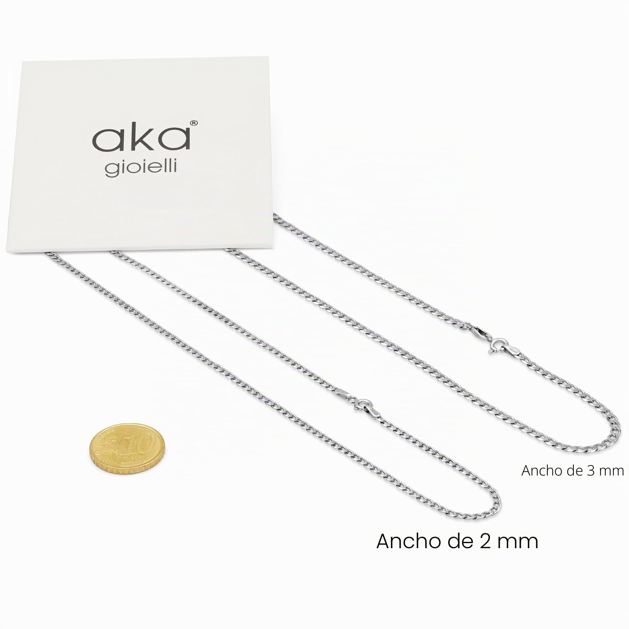AKA Gioielli - Cadena Plata Hombre Mujer 3mm Plata de Ley 925 Rodio, Collar Hombre Italiano de Eslabones Cubanos - 40 45 50 55 60 70 cm Largo
