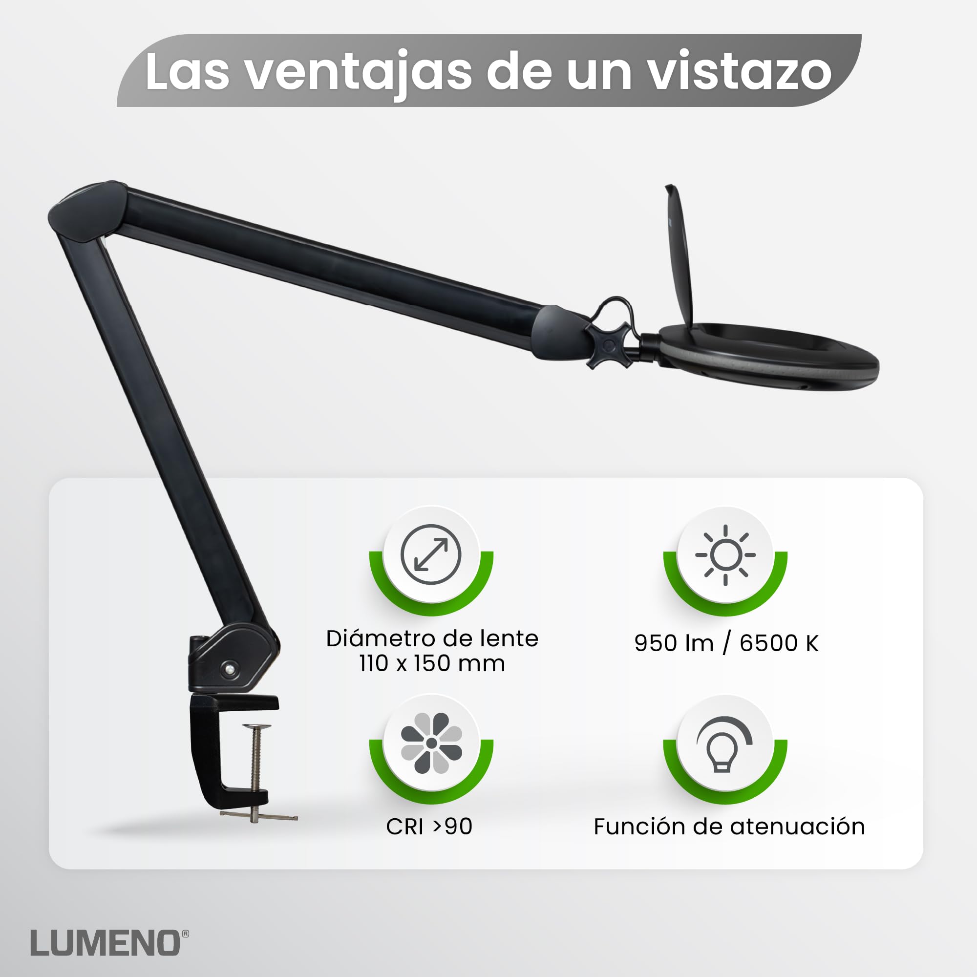 Lumeno 8615SW Lámpara de aumento con gran lente ovalada 110x150 mm, 60 LED regulables en 2 pasos, perfecta como ayuda a la lectura, para cosméticos o para soldar, 5 dioptrías negro con trípode rodante
