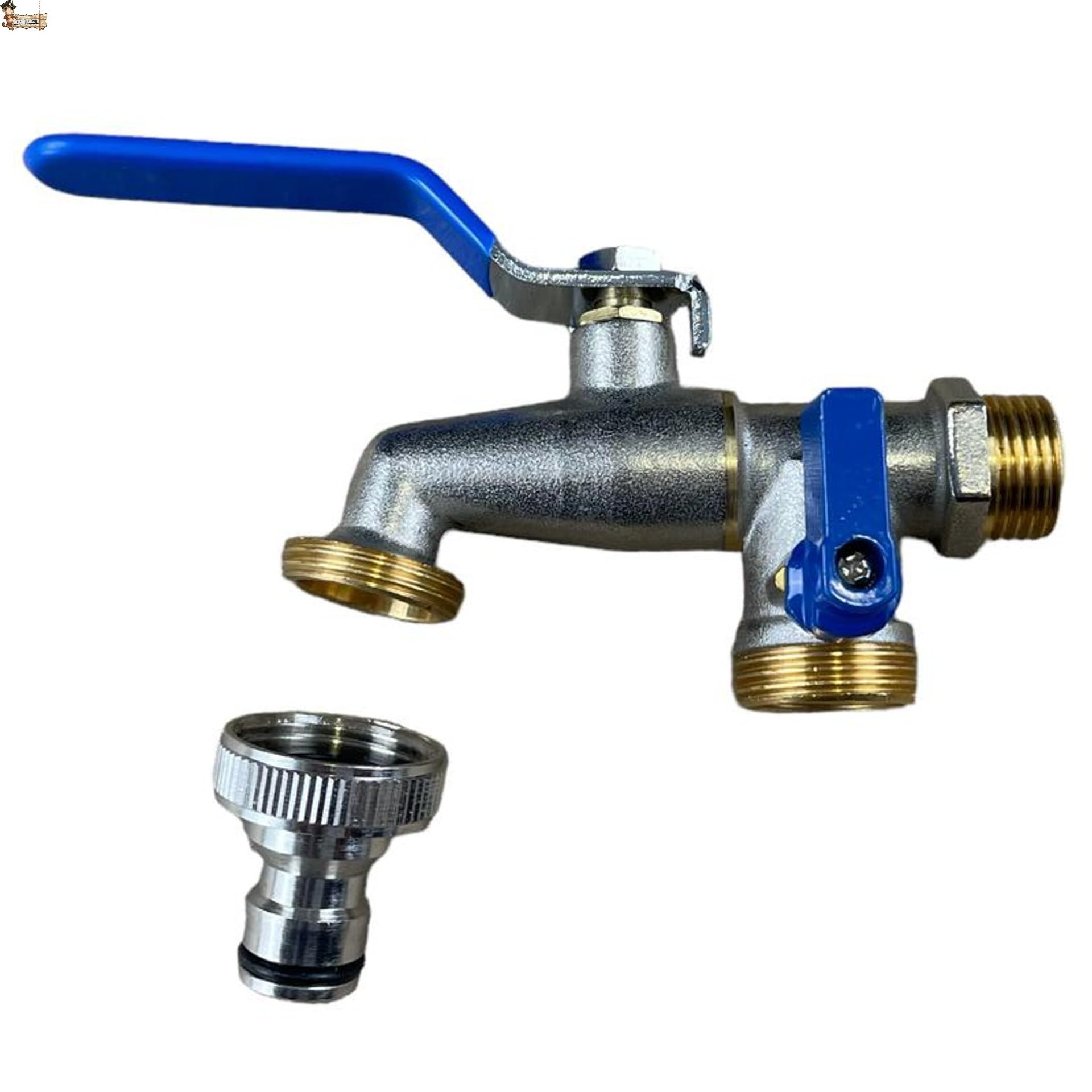 BricoLoco.com Grifo exterior doble salida con adaptador manguera. De pared. Pack 3 uds. Jardín o terraza. Dos salidas para conectar manguera, lavadora, programador riego... 1/2" x 3/4” x 3/4” (3)