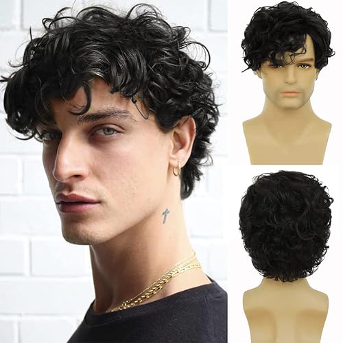 Pelucas negras cortas para hombre, con capas de aspecto natural, parte lateral, resistente al calor, pelucas sintéticas con gorra de peluca para