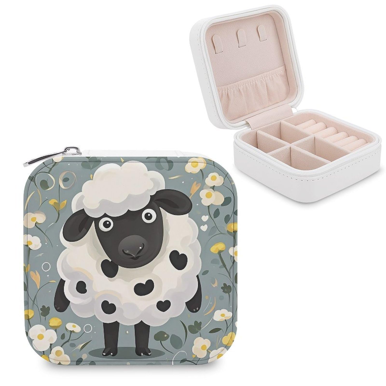 FekiLoot Cartoon Black White Sheep Travel Jewelry Box Small Jewelry Organizer Storage Case Portable PU Leather Mini Jewellry Travel Case Necklace Ring Storage Organizer Gift for Women