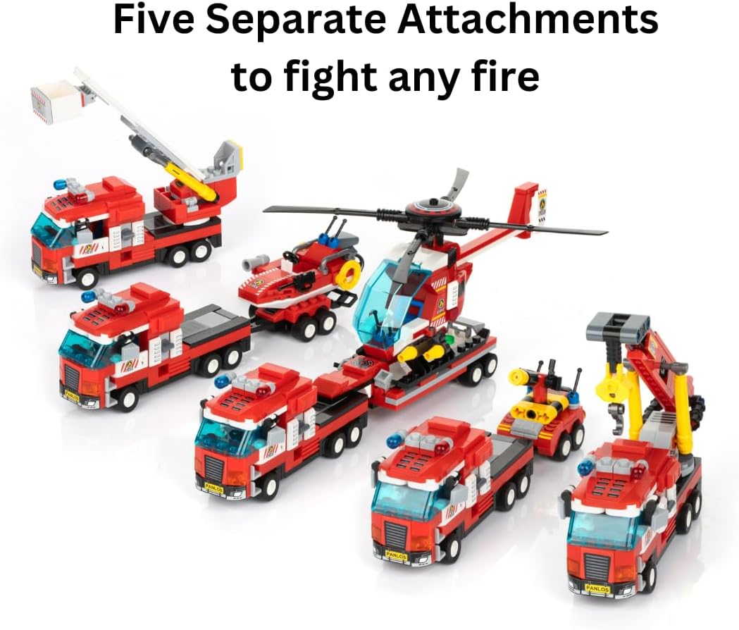 Block Builder Fire Truck Building Block Set (646 Pieces). Fire Rescue Truck Includes Five Different attachments and a Rescue Helicopter. Building Blocks for Kids and Adults.