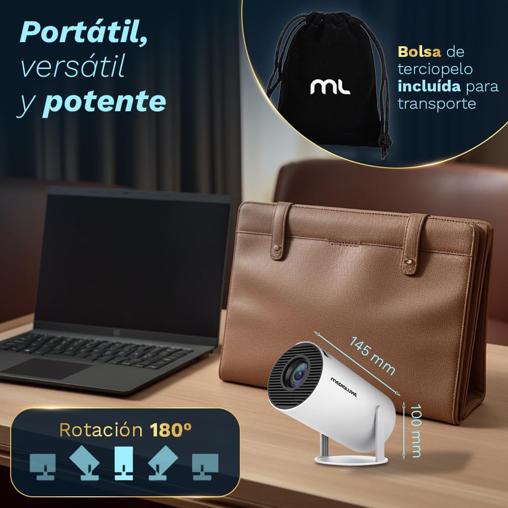 [App Integrada] 2026 Actualizado Proyector Portátil 1920x1080P 4K Soporte Dual Control WiFi 6 BT5.4 180° Rotacion Compatible con HDMI/TV Stick/USB/Laptop, Blanco | HDMI + Bolsa Transporte Incluido