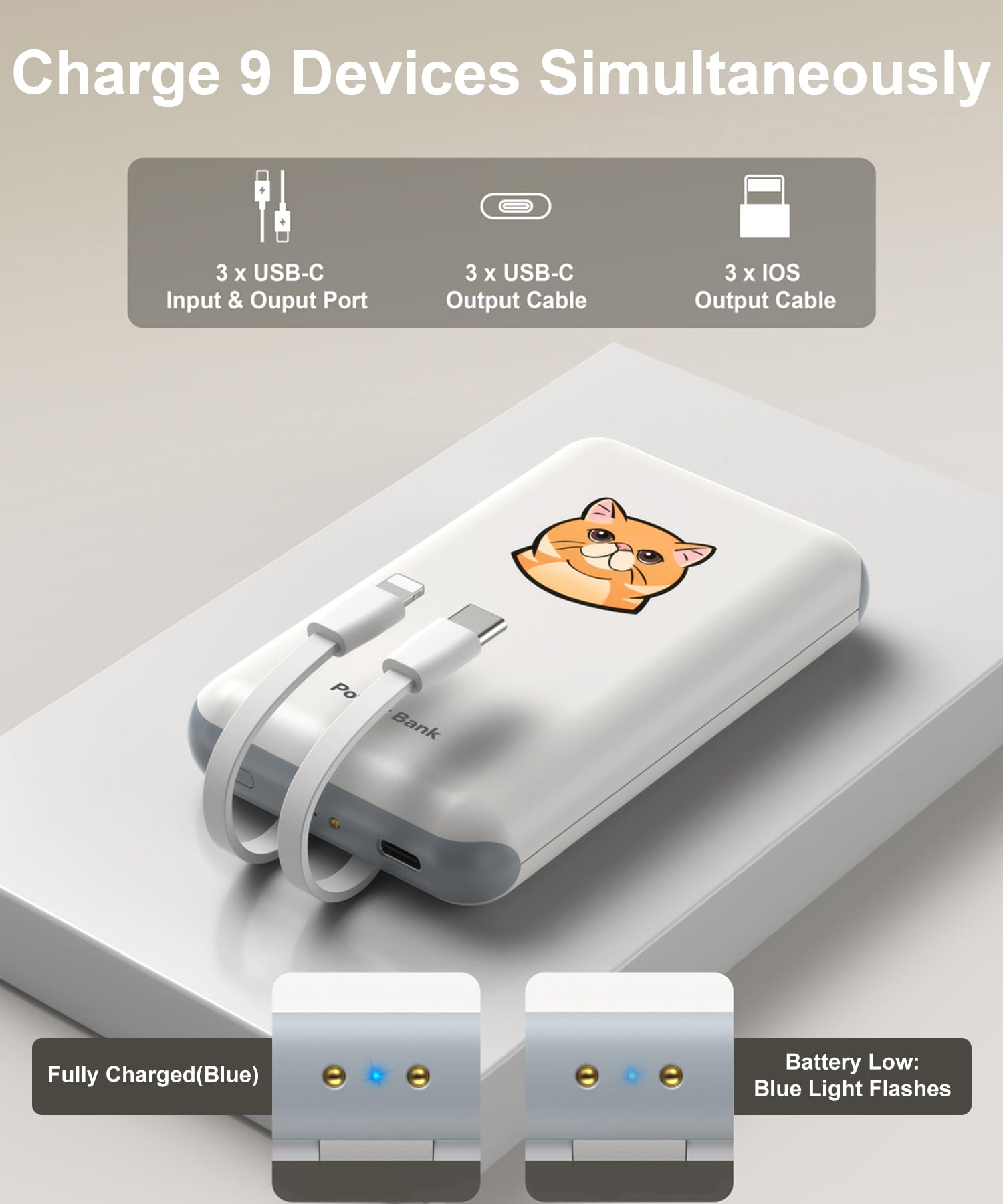 Powerbank mit Ladebasis, 3 Stück 9000mAh Powerbank Klein mit Kabel | USB-C Ausgang/Eingang für 9 Geräte Gleichzeitig und iPhone Samsung, Ladestation für Familien, Zuhause, Büro, Camping