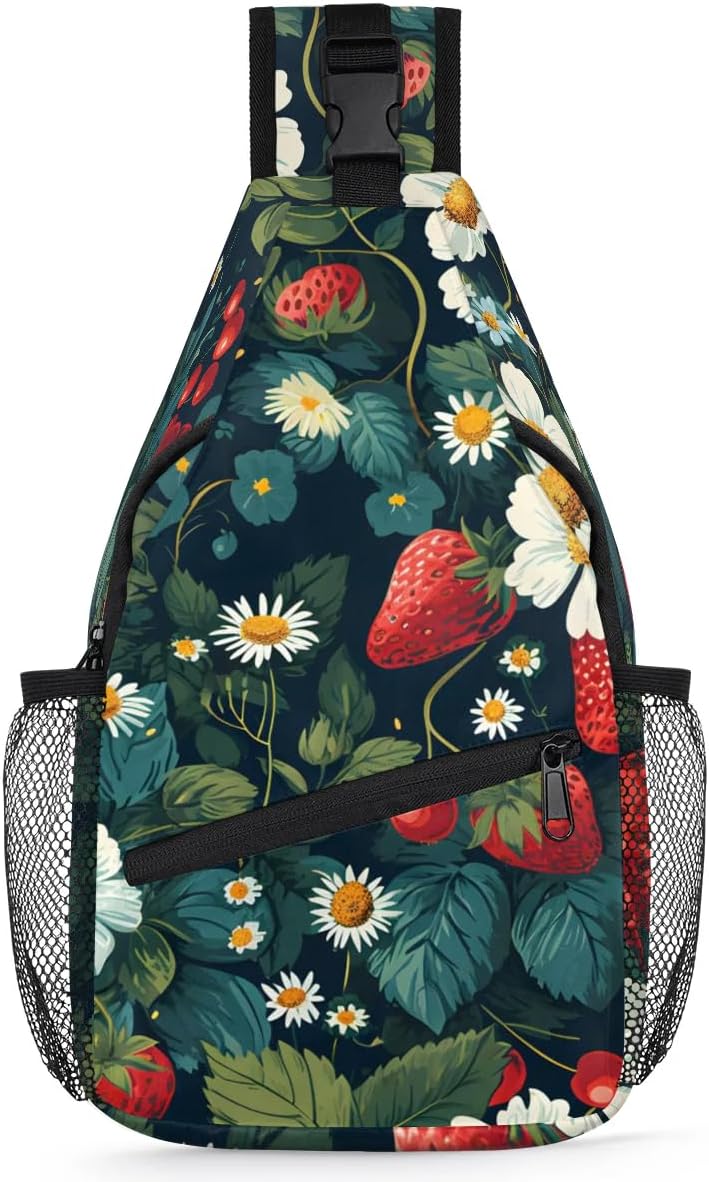 Strawberry Flowers Sling Bag for Women Men, Waterproof Crossbody Sling Backpack Sports Travel Outdoor Chest Bag