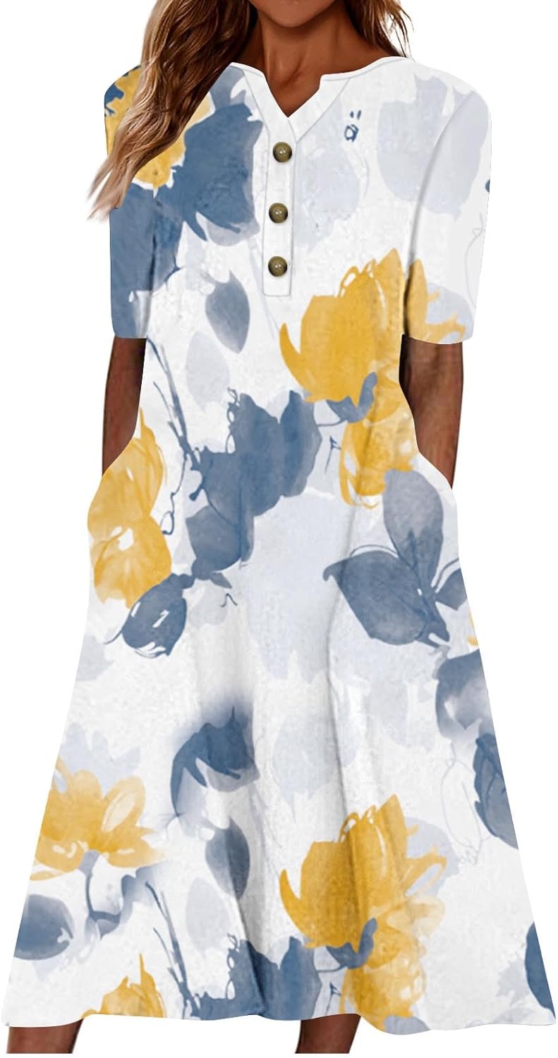 Maxi Dresses for Seniors 2026 Trendy Short Sleeve Tshirt Dress Summer Casual Floral Button Beach Vacation Sundress