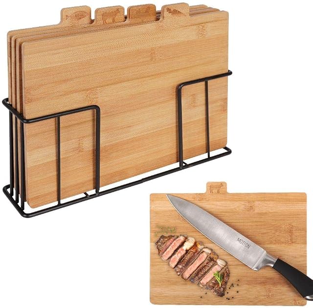 VILDE Bamboo Chopping Boards in Metal Stand, 28 x 20 cm, Set of 4, Wide Range of Uses