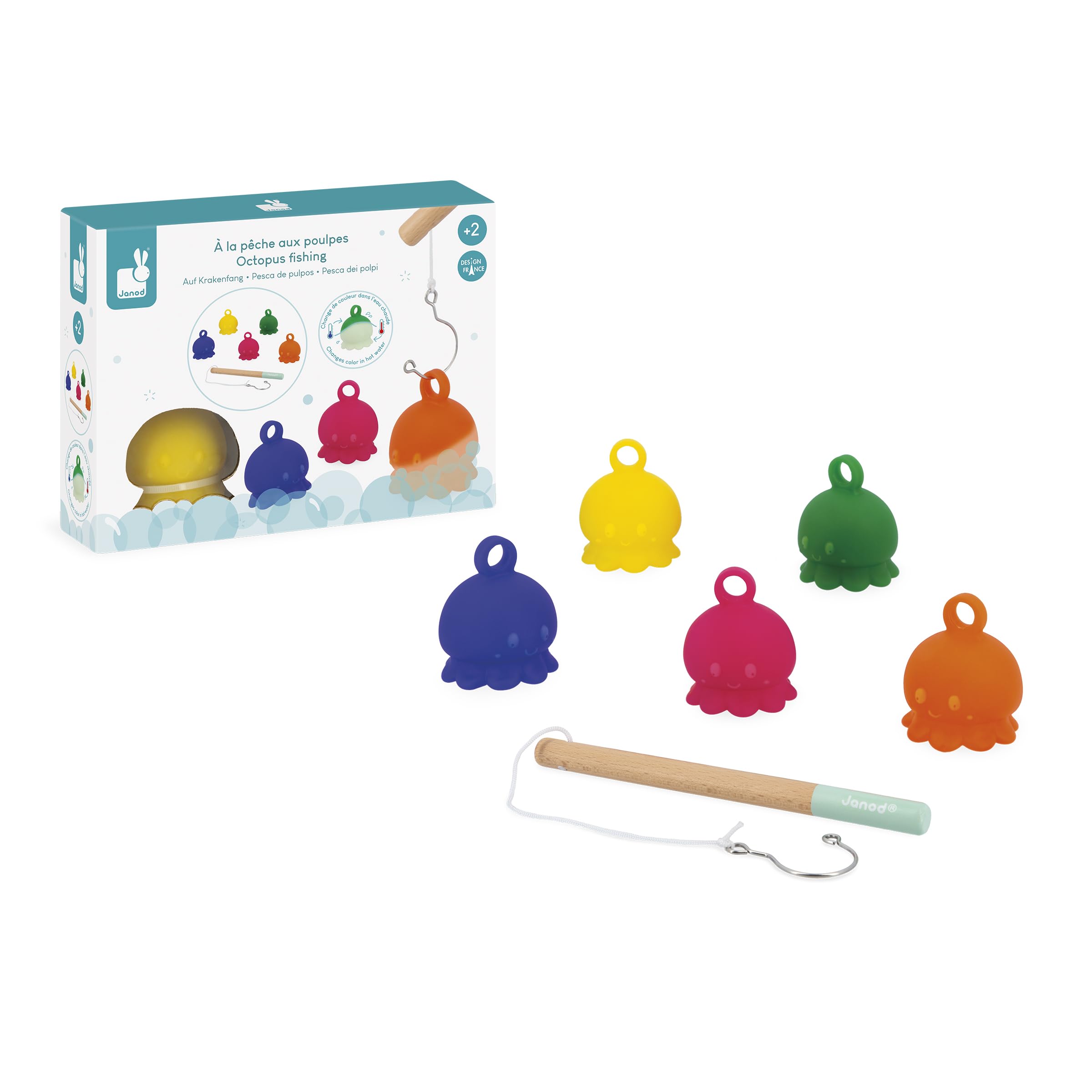 Janod, Octopus Fishing for the Bath, Bath Toy for ages 2 and up, Octopuses Change Colour in Hot Water