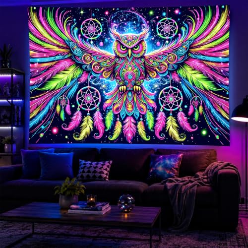 Image of BlissYard Owl Tapestry Blacklight Tapestry 79x59 Inch Trippy Wall Hanging | Trippy Decration with Uv Reactive Colors for Bedroom Dorm and Party Walls