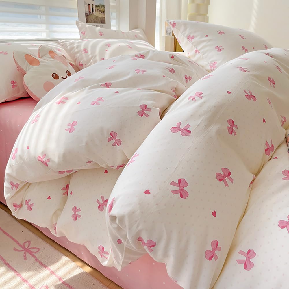 Covebett Pink Bow Duvet Cover King Heart Bows Bowknot Print Kawaii Bedding Set Kids Girls Cute Pink White Bow Tie Microfiber Comforter Cover 220x230 cm with Zipper Closure and 2 Pillowcases 50x75 cm - Image 3