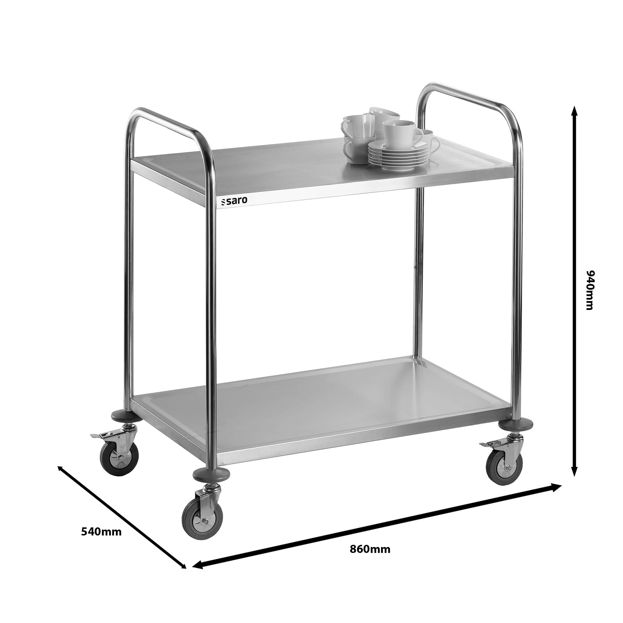 SARO FELIX - Carrello da Trasporto, a 2 ripiani, in acciaio inox, con capacità di carico da 50 kg, da 860 x 540 x 940 mm, per servizi light