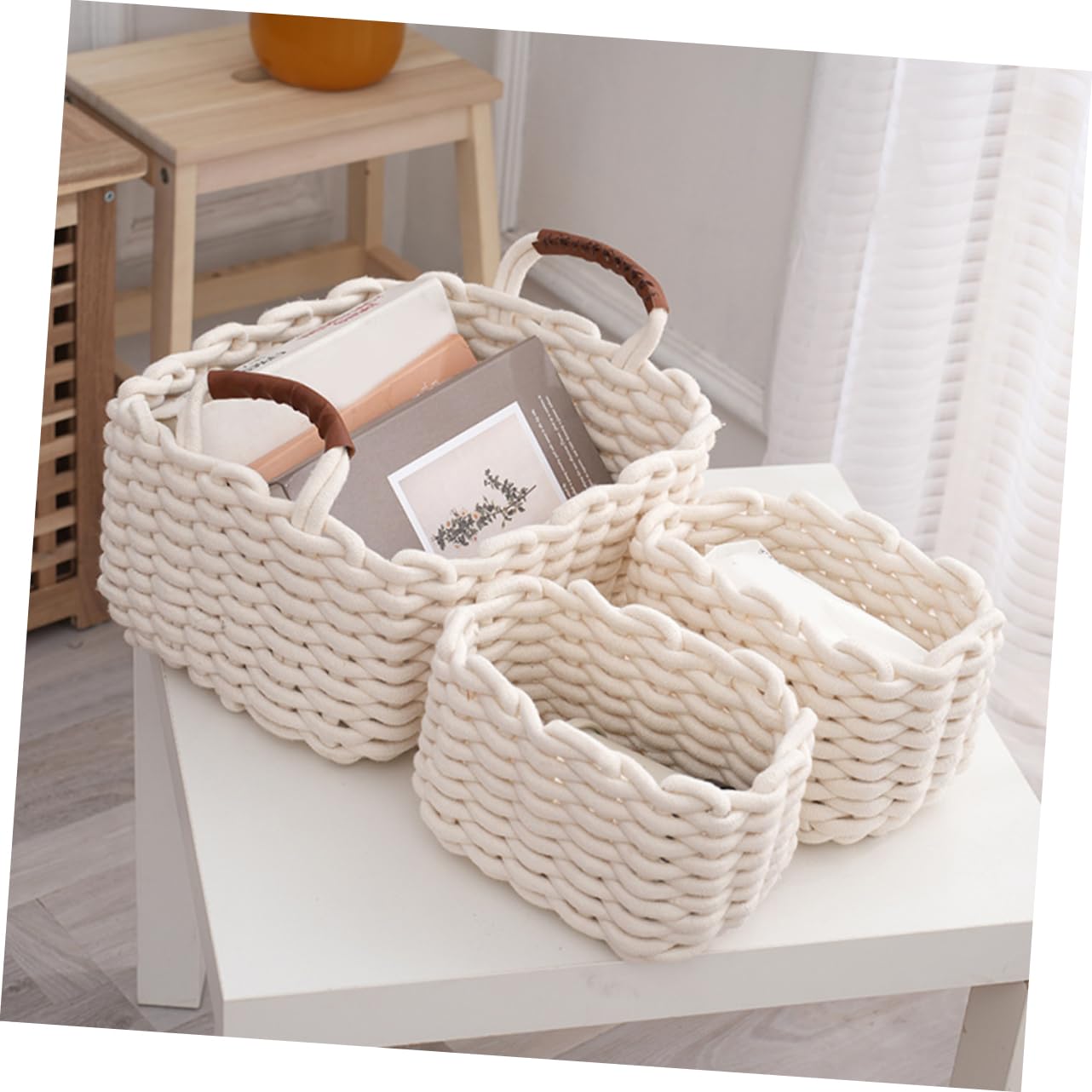STOBAZA Cesta de Almacenamiento Tejida de Algodón, 1 Juego, white | Cuero y Cuerda de Algodón, Diseño Nórdico Sencillo, para Peine y Teléfono, Uso Doméstico Práctico y Cómodo