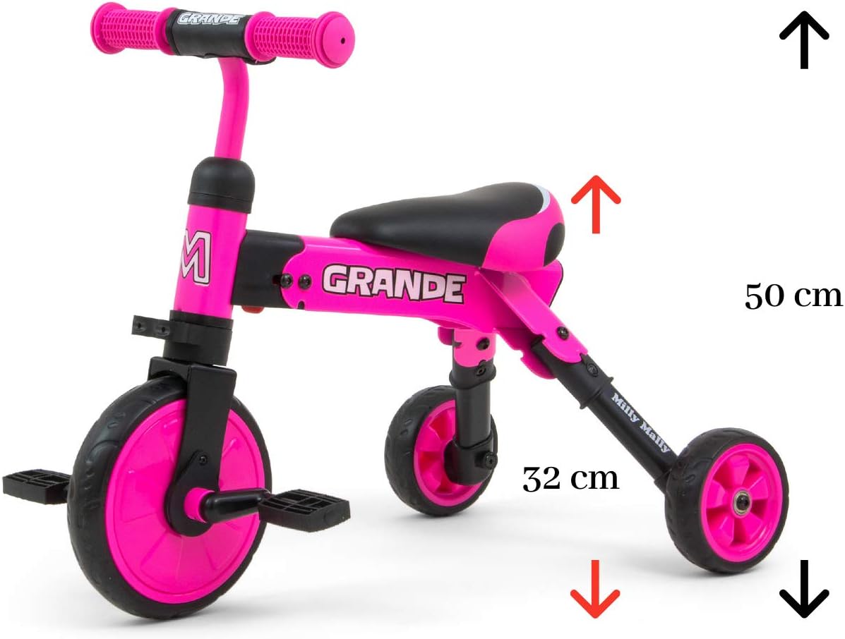옆 view of the Milly Mally Grande tricycle with dimensions indicated: 50 cm total height and 32 cm seat height.