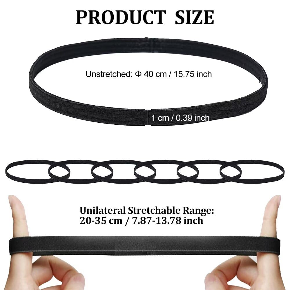 Bandas para el Pelo Deportivas, 6 Unidades, Elásticas, para Hombre y Mujer, para Deporte, para Niños, Antideslizantes, para la Frente, para el Sudor, Negro, 40 cm