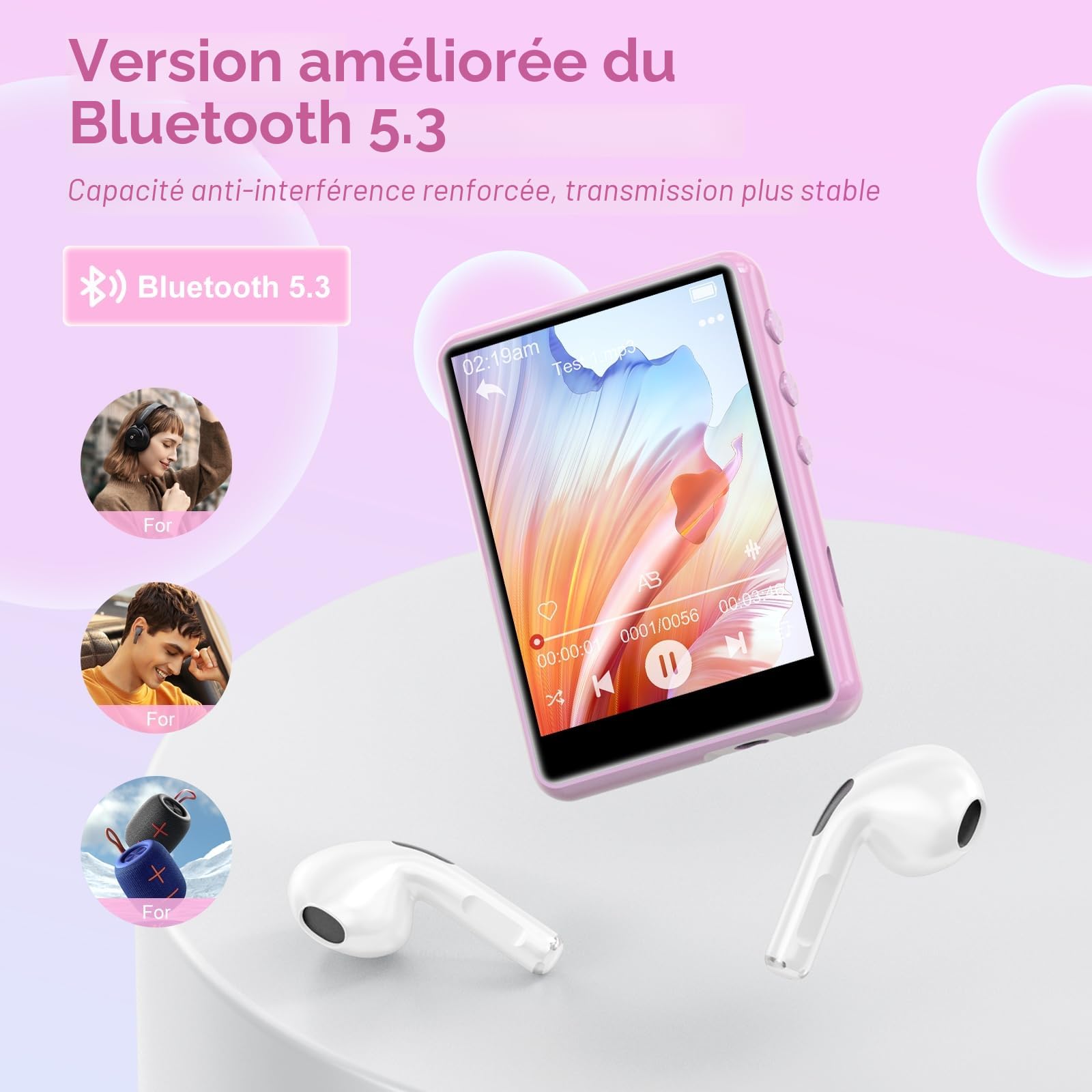 64 Go Lecteur MP3 Bluetooth 5.3, ZAQE Lecteur MP3 Sportif Portable avec écran Couleur TFT 2,4", Haut-parleurs HD, Radio FM, Lecteur de Livres électroniques, compatibilité jusqu'à 128 Go (Rose)