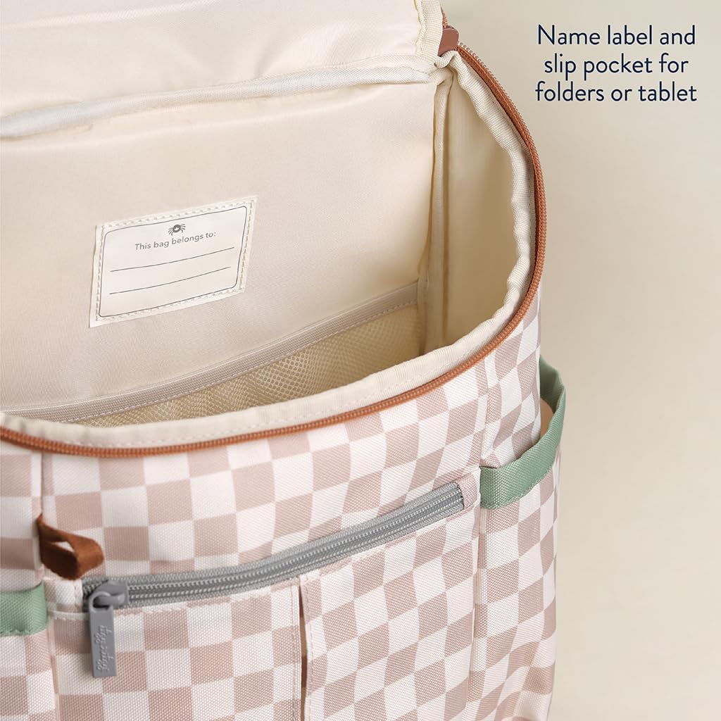 Itzy Ritzy Toddler & Kids Backpack - Lightweight Preschool & Elementary School Bag with Padded Straps, Trolley Sleeve, 2 Side Pockets, Tablet Sleeve & Name Label (Checkerboard)