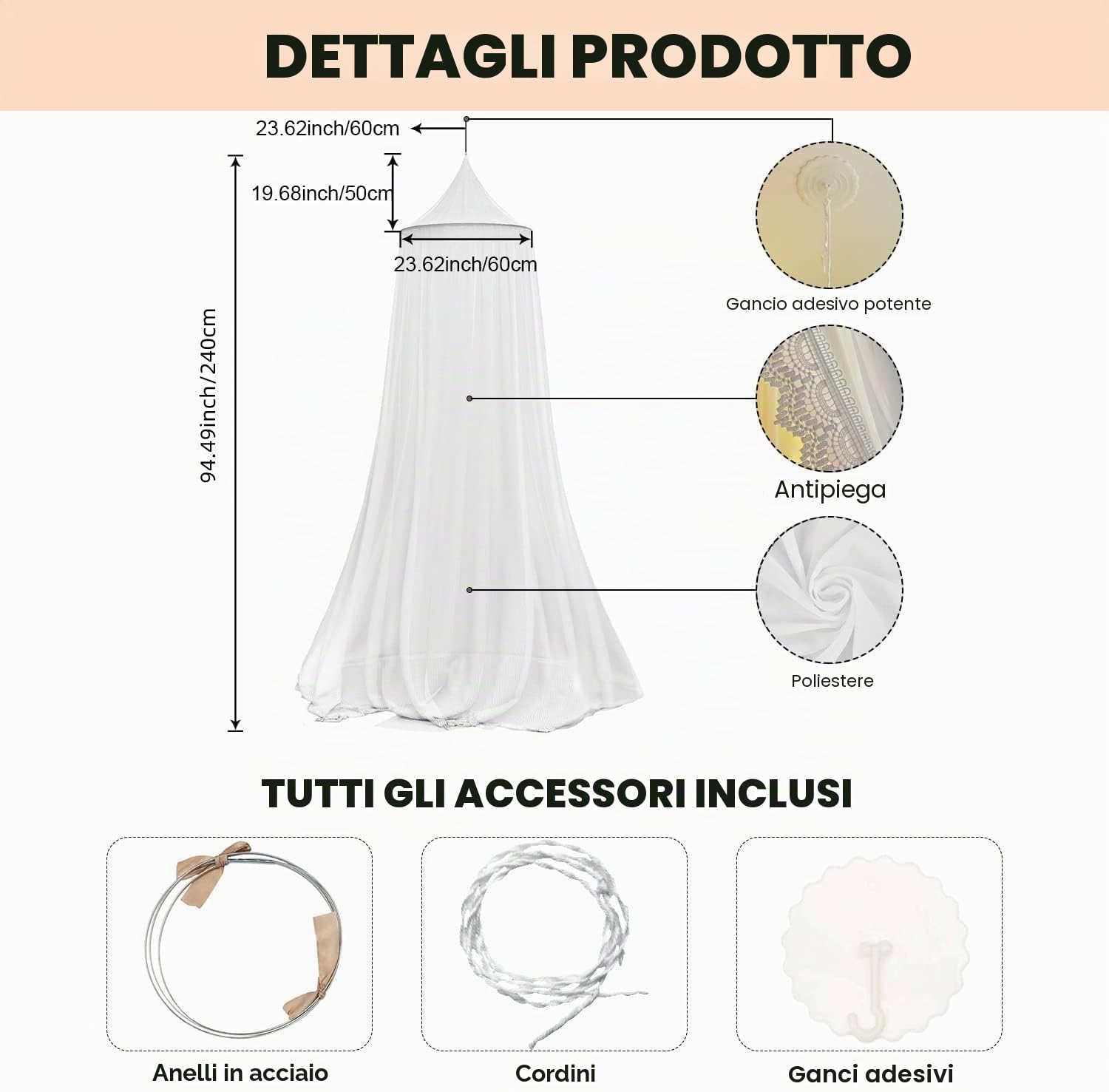 Baldacchino, baldacchino per cameretta dei bambini, baldacchino con pizzo pizzo, tende per letto a baldacchino per lettino da bambino, zanzariera Princess Bed Canopy