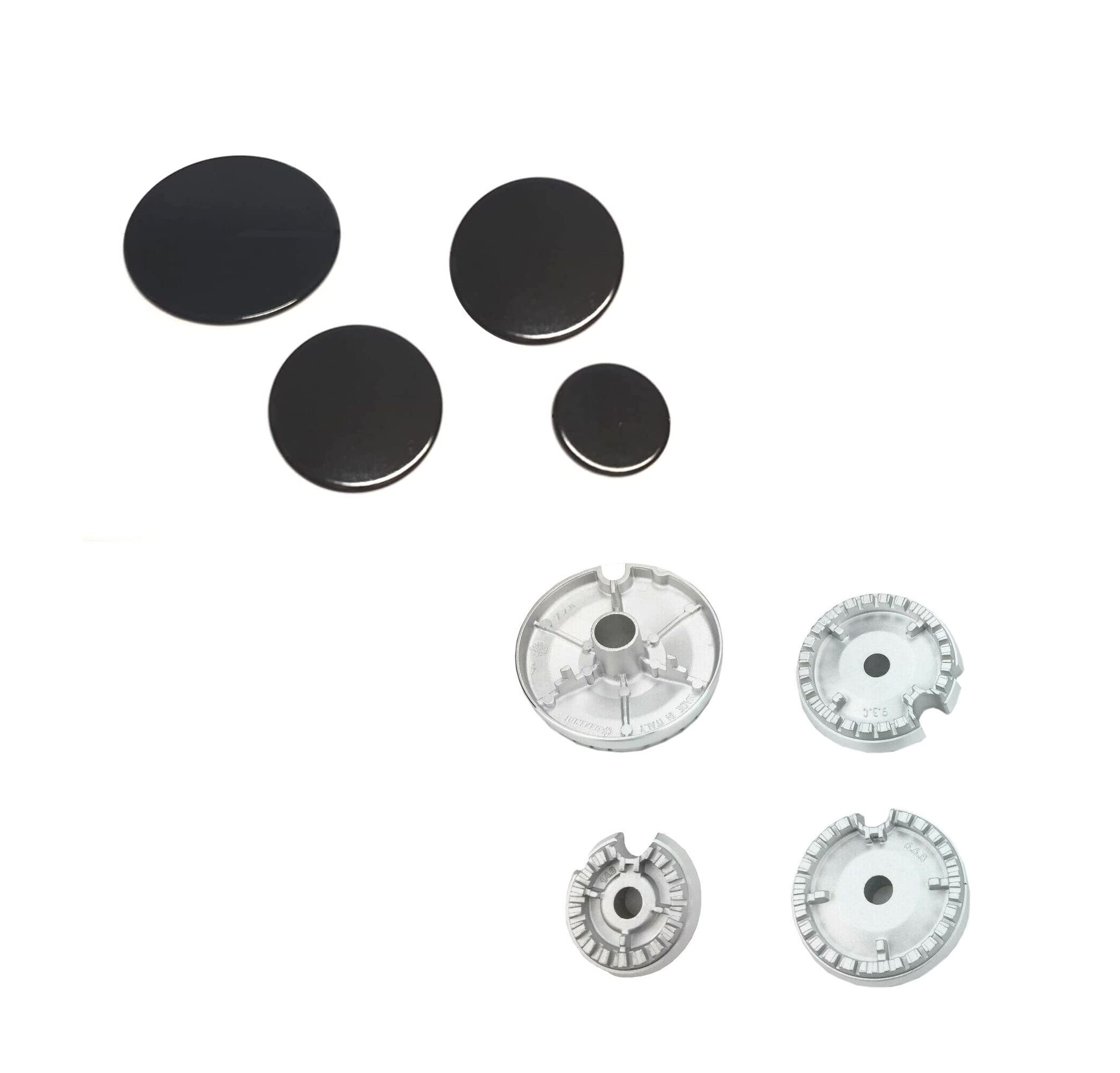 RYELDOM Kit 4 Bruciatori e 4 Piattini per Piano Cottura, Set Fuochi Cucina 1 Grande 2 Medi 1 Piccolo Compatibile con Varie Marche