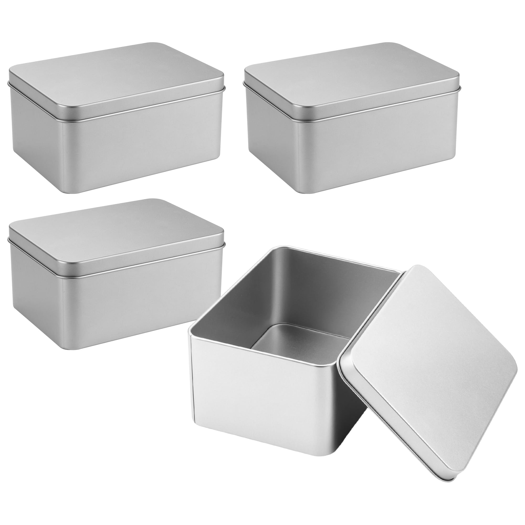CHIHEUNG 4 PCS Small Metal Tin Box, 4.92" x 3.54" x 2.36" Silver Tinplate Box, Rectangular Storage Tins with Lids for Small Items, Keys, Tea Bags
