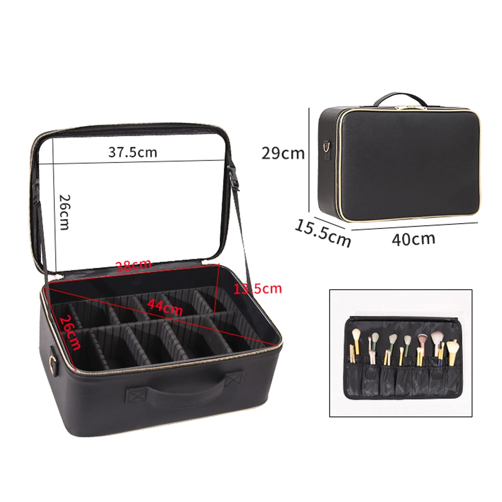 Maletín de cosméticos para equipaje, neceser de maquillaje, portátil, de viaje, con correa para el hombro y compartimento divisor, separadores ajustables, bolsa de cosméticos con espejo, funda de piel